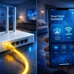 JioFiber राऊटर और JioHome मोबाइल ऐप का तुलनात्मक दृश्य, जो हार्डवेयर और सॉफ्टवेयर के अंतर को दर्शाता है।